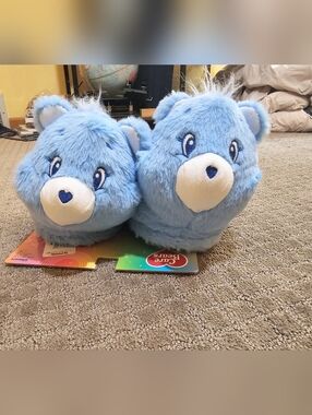 Care Bears Light Blue Plush Slippers with Fuzzy Trim